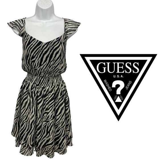 GUESS NWT Zebra Print Mini Dress Black White Animal Print Ruffle - Size 3 - Picture 1 of 12